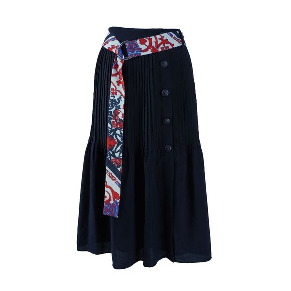 CLAUDIE PIERLOT Black Pleated Buttoned Knee-Length Skirt with Twilly Belt